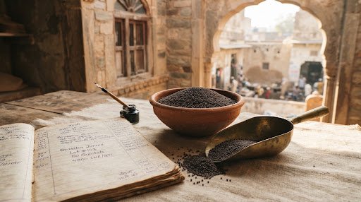 Illustration of seeds and a notebook on a desk