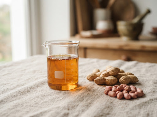 Illustration of golden oil in a glass beside groundnuts