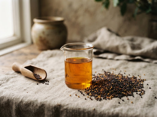 Illustration of golden oil in a glass beside mustard seeds