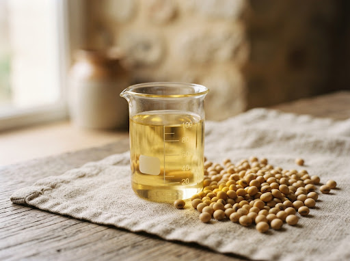 Illustration of pale golden oil in a glass beside soybeans