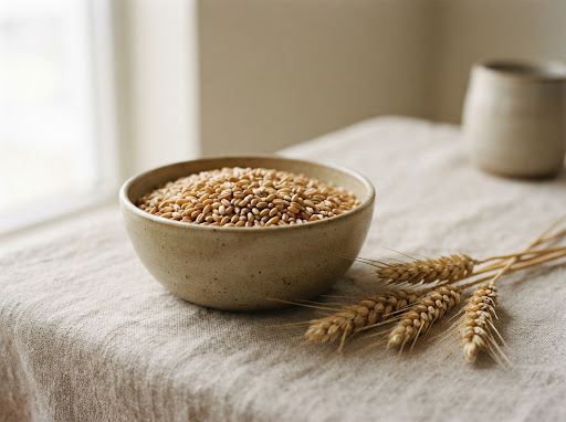 Illustration of wheat grains in a bowl beside wheat ears